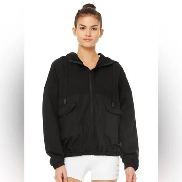 Alo Intent Hooded Jacket Solid Black Oversized Pockets Size Large - Picture 1 of 5